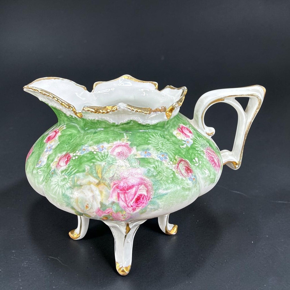 RS Prussia Antique Footed Creamer Green Pink Roses Gold Trim Red Mark Porcelain